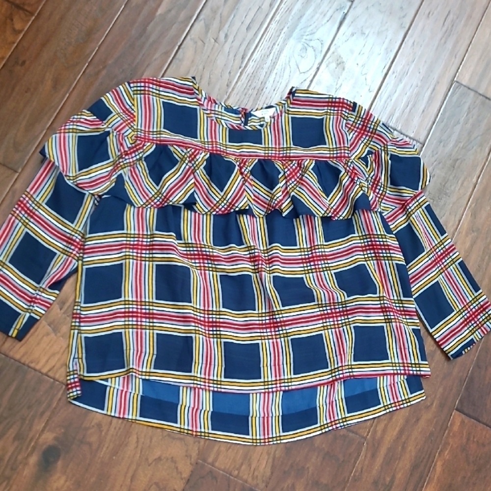 Crown & Ivy Colorful Plaid Semi Sheer Top with Ruffled neck size XL